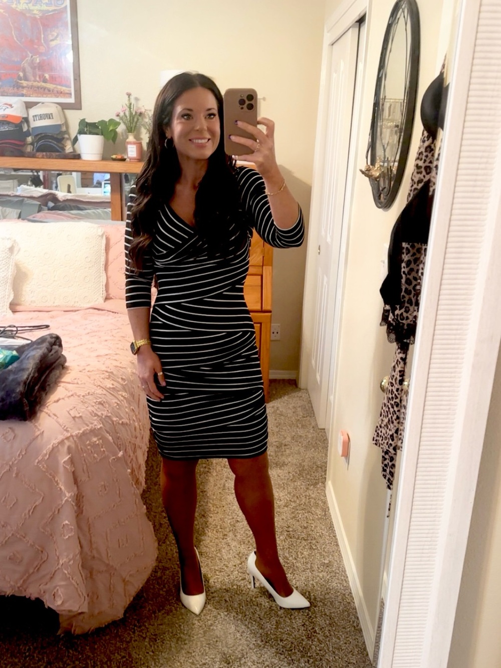 White House Black Market Black & White Striped Wrap-Style Midi Dress